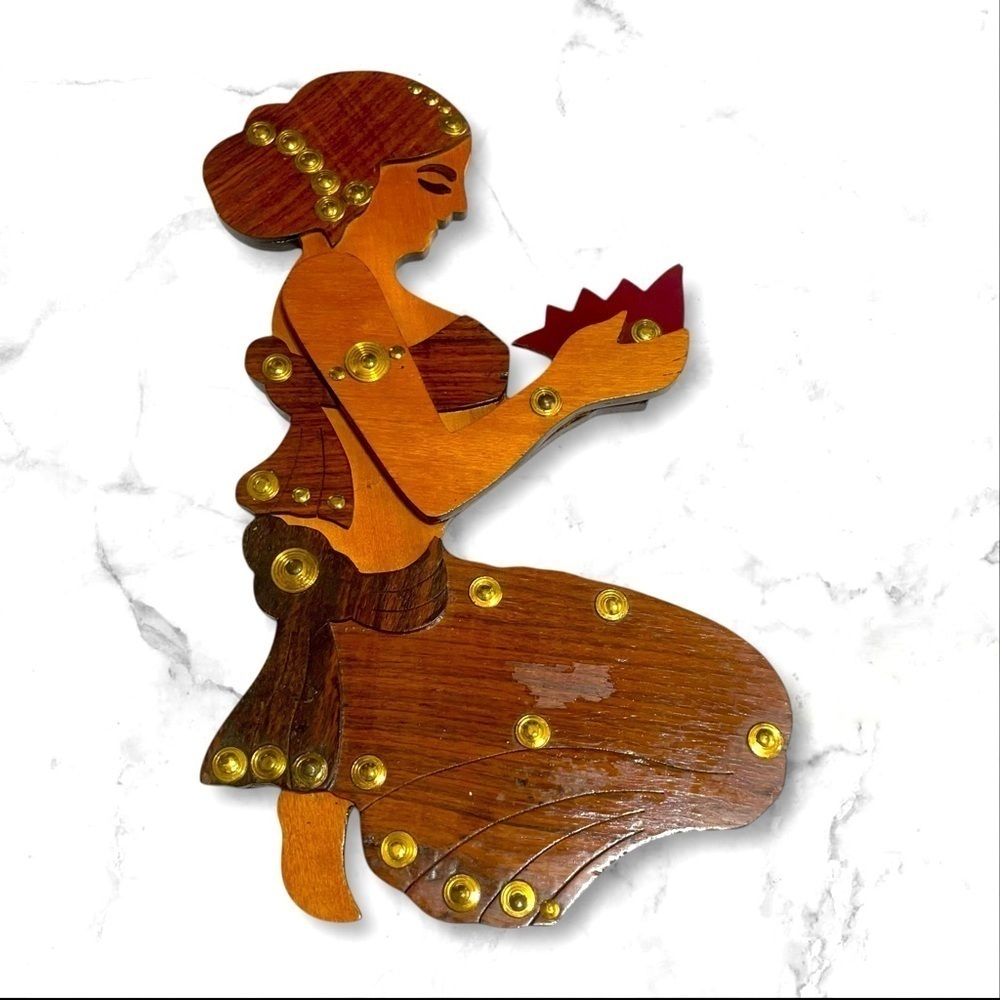 Set of 2 Handcrafted Wooden Asian Women Lotus Wall Decor Gold Accents - Picture 3 of 10